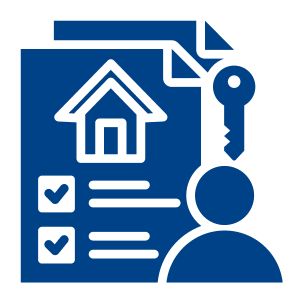 Blue icon of paperwork and key